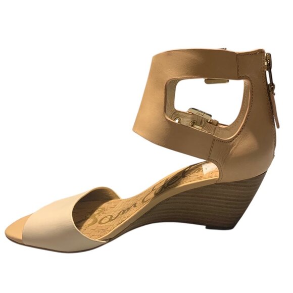 SAM EDELMAN Cream + Beige Leather Susanna Ankle Strap Wedge Sandals Size 6.5M - Picture 3 of 8